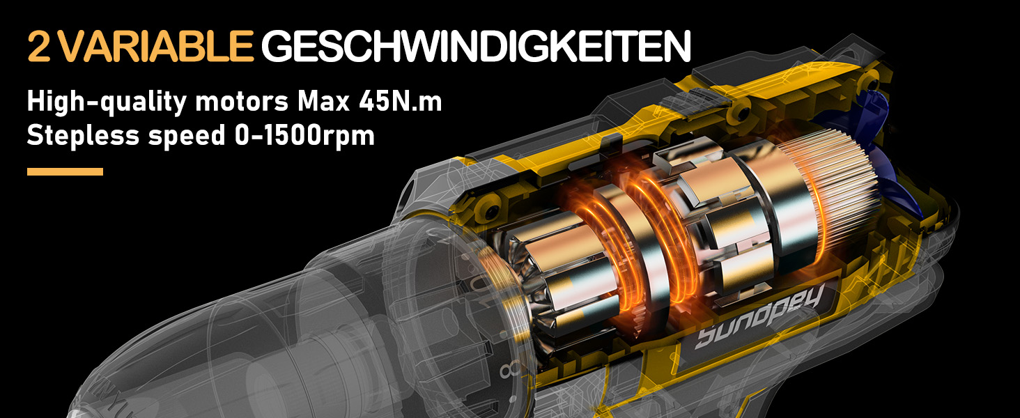 Акумуляторний шурупокрут Sundpey 21V з 2x2000mAh акумулятором, 45 Нм, 18+1 момент, 10 мм патрон, 19 шт. для DIY проектів