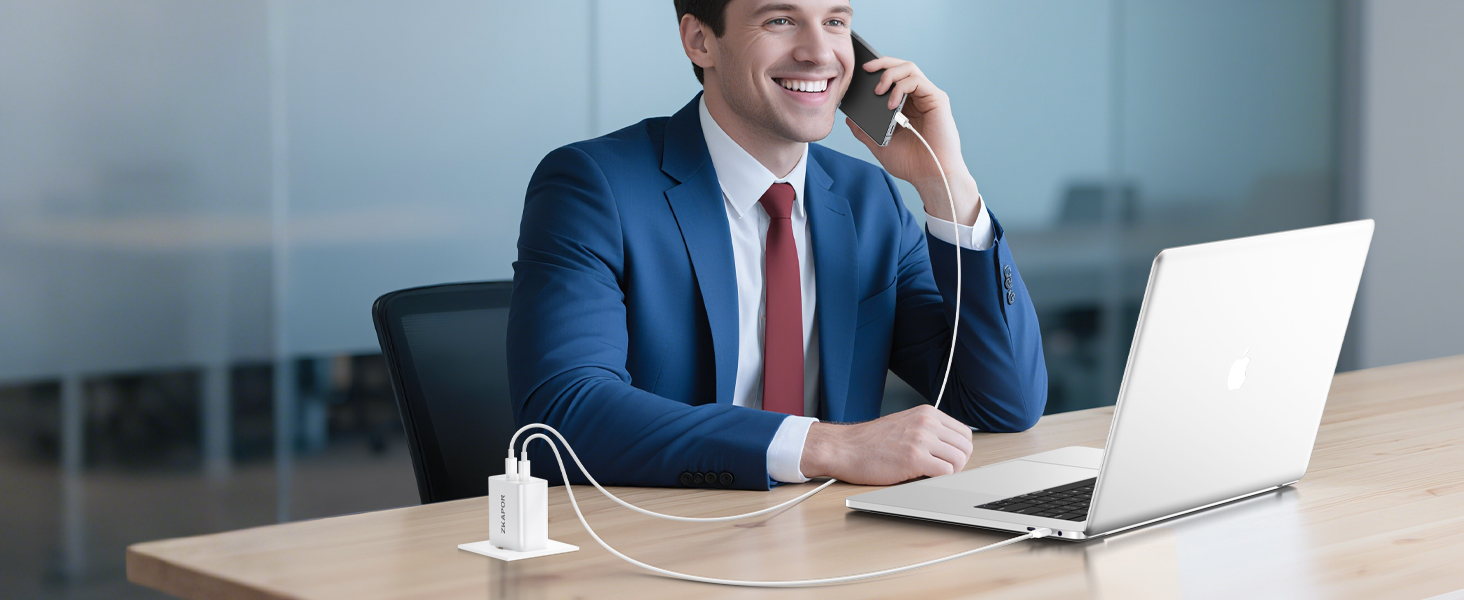 Мережевий зарядний пристрій ZKAPOR з USB-C, 4 порти, 45W, білий. Підходить для iPhone 16/15/14, Samsung Galaxy, Huawei, iPad.