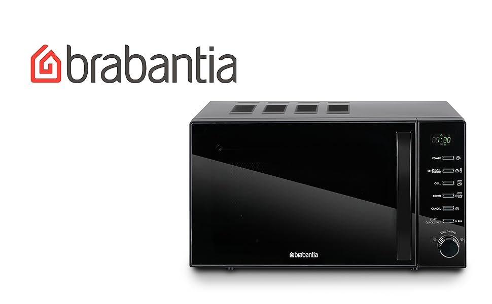 Мікрохвильова піч Brabantia з грилем, 20 літрів, 700W, окремо стояча, 13 автоматичних програм, 6 рівнів потужності, цифровий таймер, великий об'єм, чорна