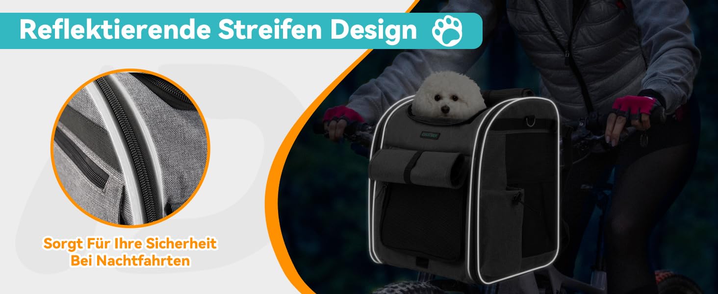 Корзина для собак на велосипед до 10 кг, складана, дихаюча, 4-в-1 (рюкзак, сумка на плече, автокрісло), з міцним L-подібним кріпленням Φ55mm, зручна подушка, світловідбиваючі смуги
