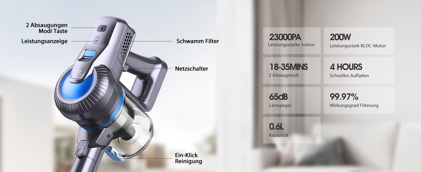 Greenote Бездротовий акумуляторний пилосос: 30 хв роботи, LED, насадка для щілин та м'яка щітка, паркування, для твердих поверхонь та шерсті тварин