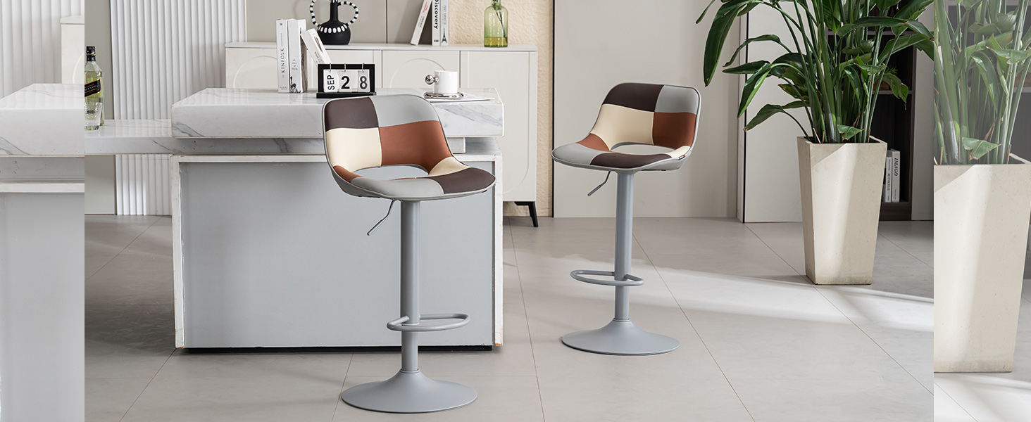 YOUNIKE 2-Piece Adjustable Bar Stools - Boho Patchwork Design - Swivel Kitchen Bar Chairs with Hollow Backrest - Yellow Green (Gray Beige)