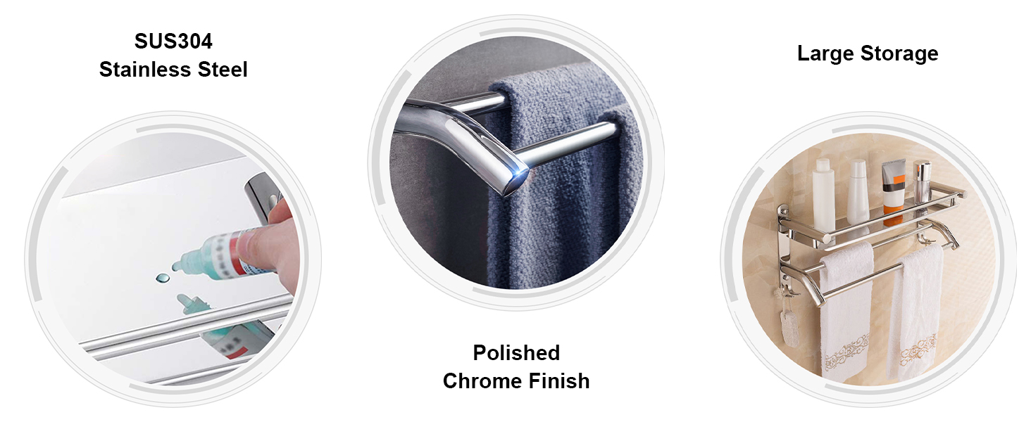 Тримач для рушників з полицею та гачками, хром, нержавіюча сталь, 59 см, для ванної кімнати, кухні, туалету