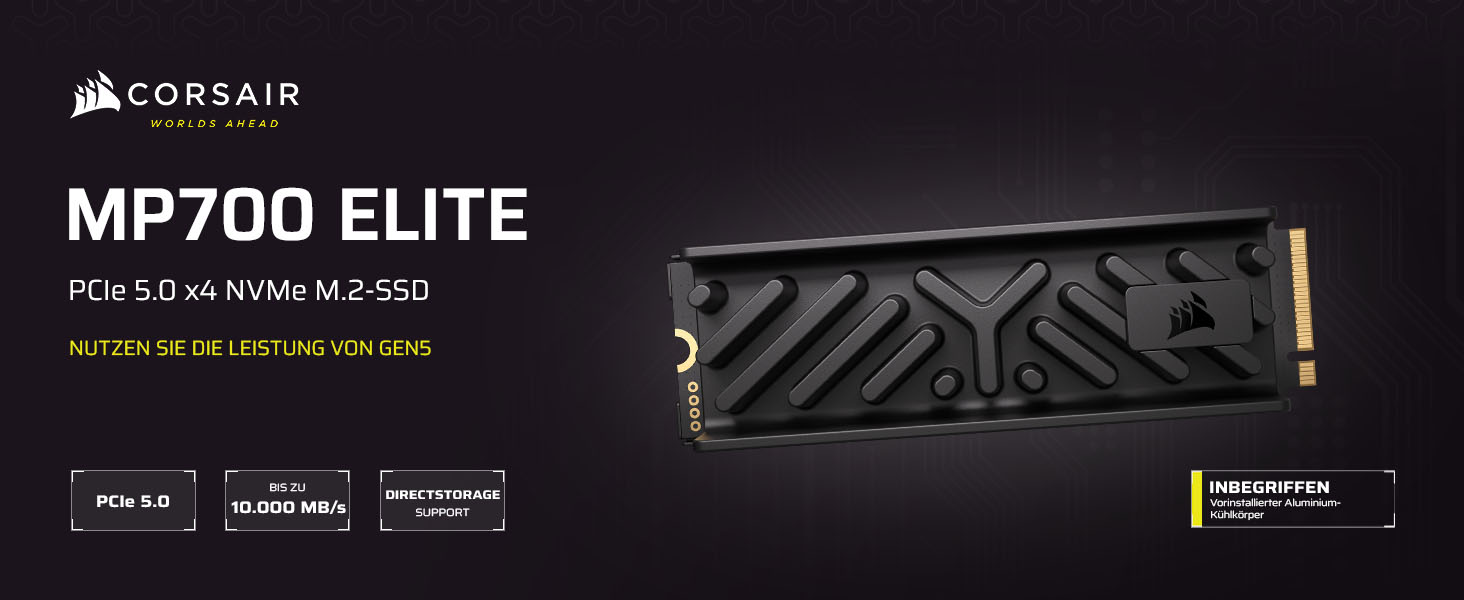SSD Corsair MP700 Elite 1TB PCIe 5.0 NVMe M.2 - Швидкість до 10000 МБ/с, 3D TLC NAND, DirectStorage, з Heatspreader, чорний