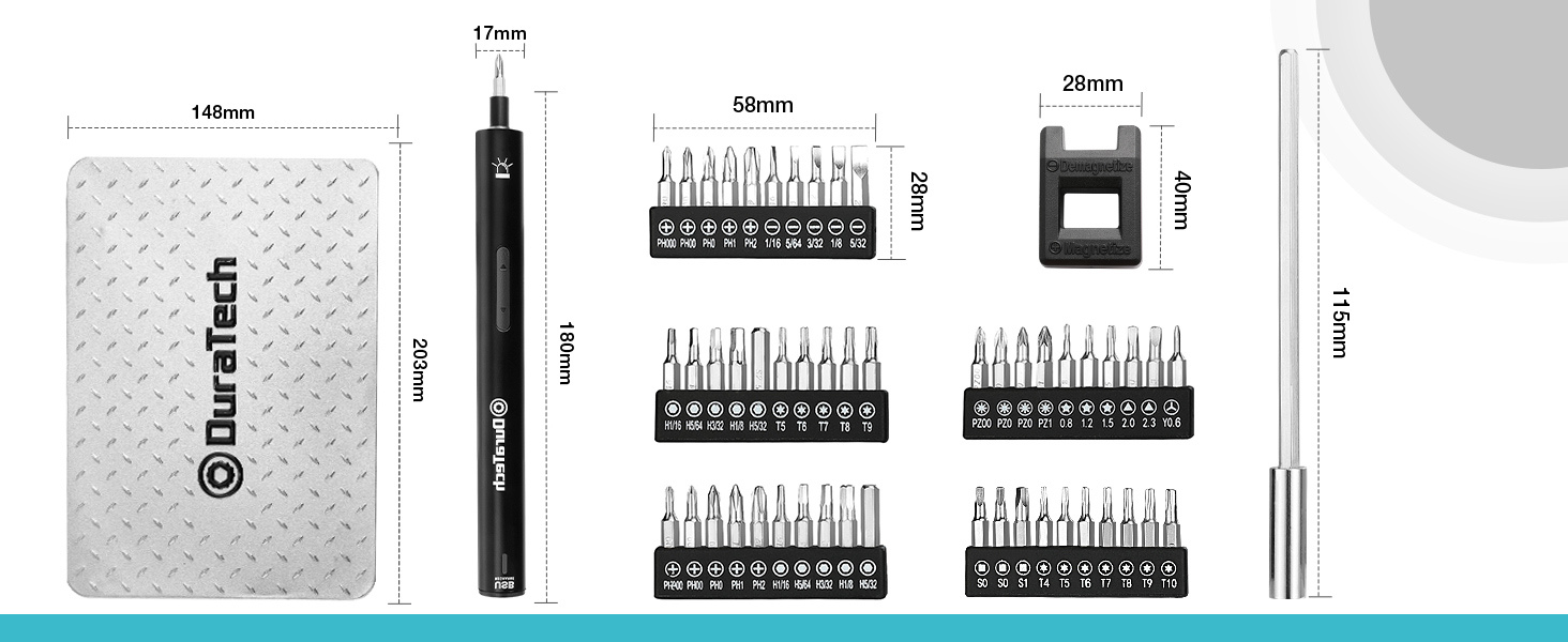 DURATECH Набір прецизійних електричних викруток з 50 бітами. Міні-набір електричних викруток 3,6 В з LED-підсвічуванням для годинників, ноутбуків, окулярів, іграшок. Ідеально для майстрів, DIY-ентузіастів та ремонту техніки.