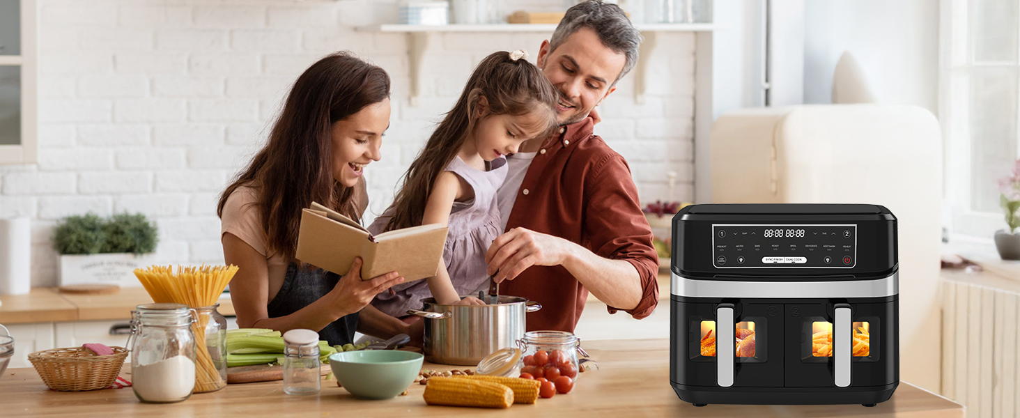Фритюрниця повітряна з 2 камерами та вікном, 10л XXL, 8-в-1, сенсорний дисплей, таймер, без олії, здорове приготування