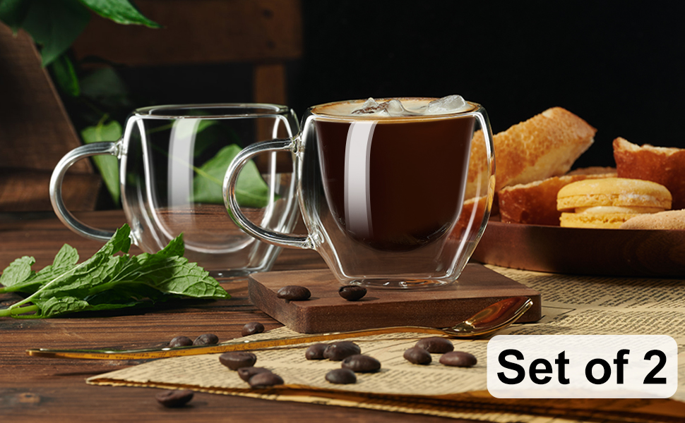 Набір з 2 еспресо-чашок PARACITY, подвійні стінки, 75 мл, з ручкою, з боросилікатного скла, аксесуари для еспресо