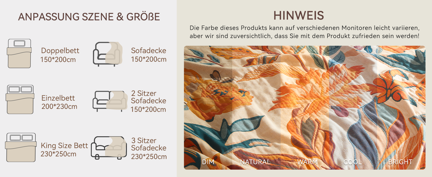 Богемна ковдра Softexly Boho Decke 100% бавовна – двостороння муслінова ковдра 150x200 см, м'яка софа та покривало для ліжка, естетичний дизайн, ідеально підходить для вітальні та спальні, помаранчевий/зелений, Blütentraum