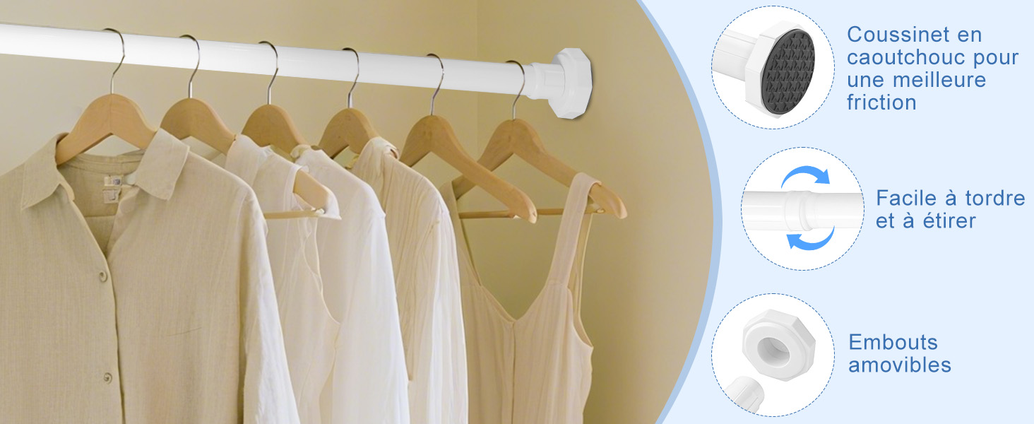 Регульована телескопічна штанга DEWEL для карнизів, душових кабін, без свердління, для штор, спальні, ванна кімната (діаметр 3см, 70-120см, білий)