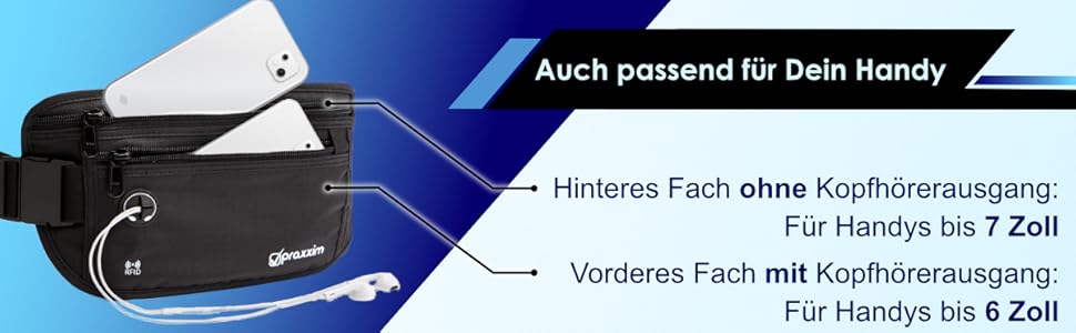 Поясна сумка для чоловіків та жінок - ЕКСТРА ПЛАСКА - для телефонів до 7 дюймів - ідеальна для спорту, подорожей та бігу. Чорна, стильна