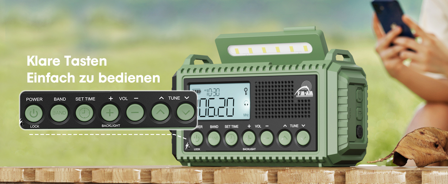 Радіоприймач Kurbelradio на 12000 mAh з ручним заводом, сонячною панеллю та SOS-сигналом. AM/FM/SW радіоприймач з USB-зарядкою, ліхтарик та світло для читання. Ідеально для кемпінгу, надзвичайних ситуацій та відключень електроенергії. Зелений колір.