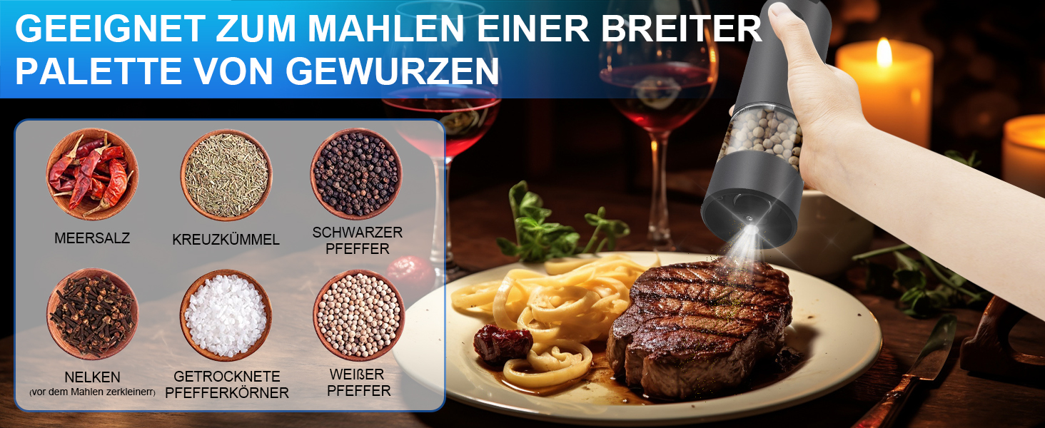 Електричні мельниці для солі та перцю 2 шт. з LED-підсвічуванням, регульована ступінь помелу, чорний колір