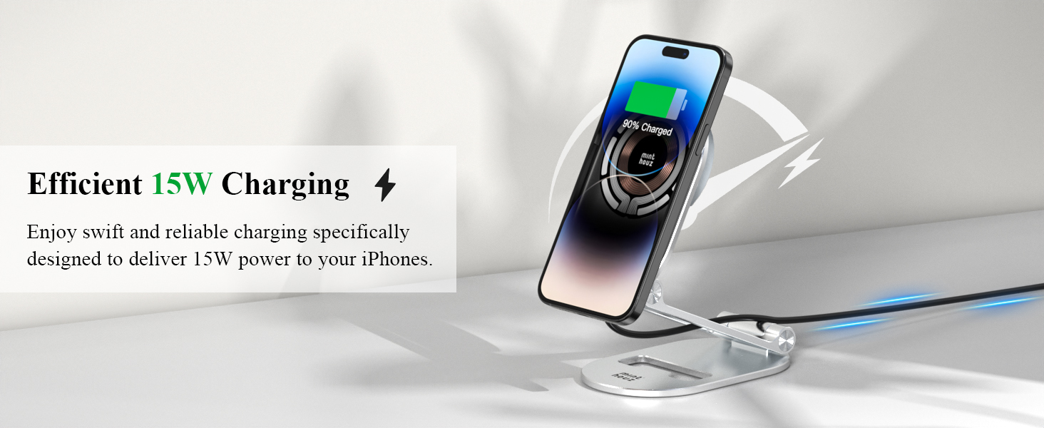 Магнітна бездротова зарядна станція Minthouz 20W USB-C: регульована підставка з алюмінію для iPhone 16, 15, 14, 13, 12 та AirPods Pro