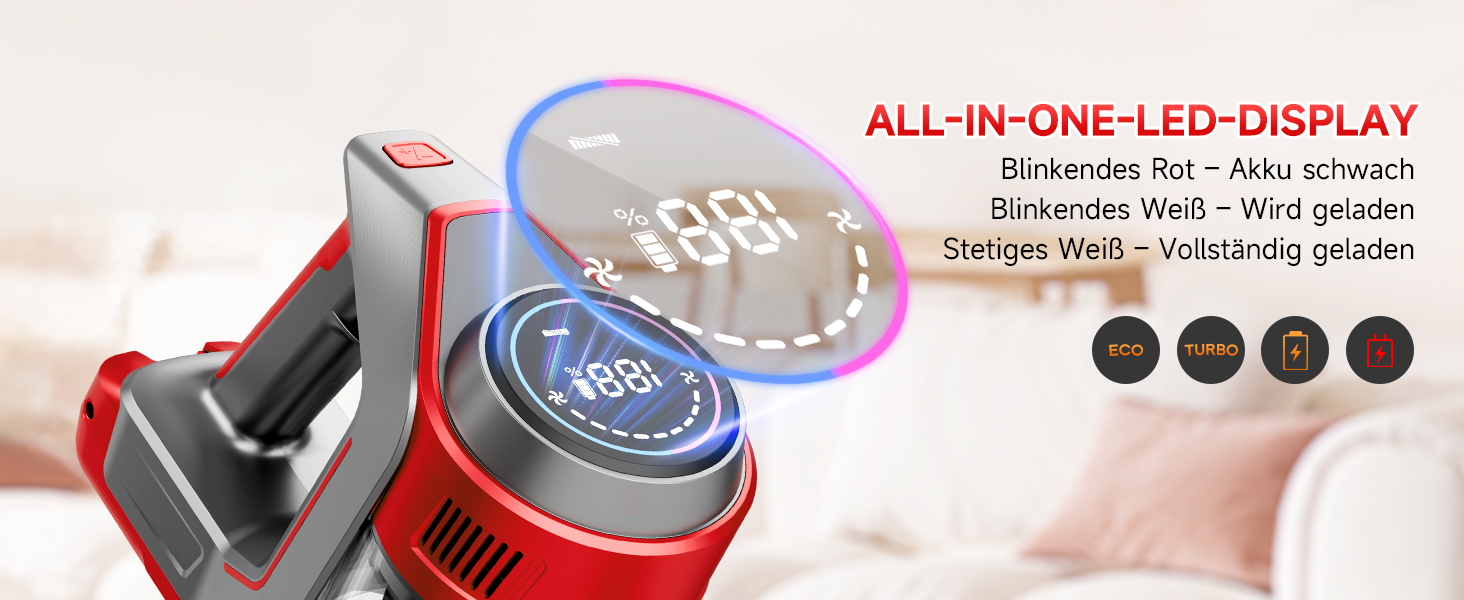 Бездротовий акумуляторний пилосос 45000 Па – 45 хв роботи, тихий (<65 дБ), LED-дисплей, 8-в-1 бездротовий пилосос з антизаплутаною насадкою та HEPA-фільтром – для шерсті тварин, килимів, твердих підлог та алергіків, червоний