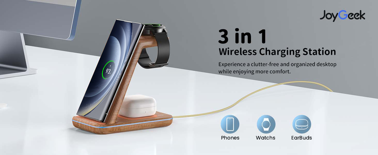 Бездротова зарядка JoyGeek 3 в 1 для Samsung Galaxy: смартфонів (S25/S24/S23/S22/Z Flip/Fold) та годинників/навушників (Watch Ultra/8-4/Buds), з бамбуковою підставкою