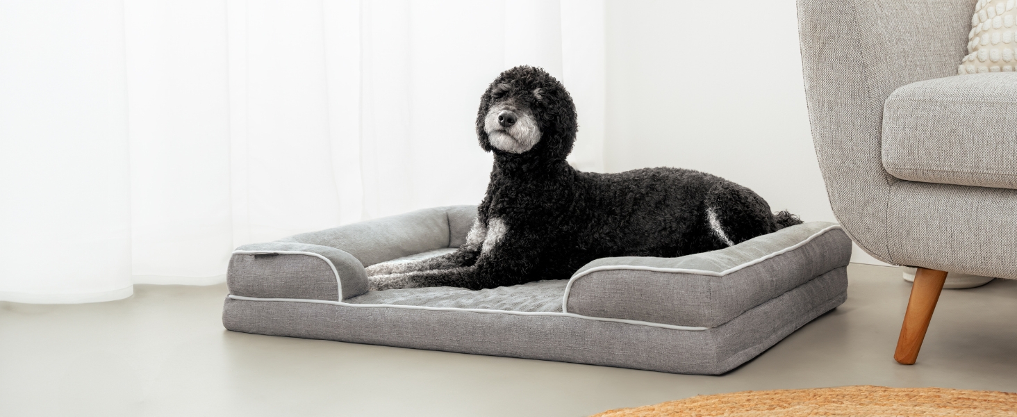 Ортопедичне ліжко для собак Lionto з піднятим бортиком, 97x71x17 см, м'який фланелевий килимок, знімний та пральний чохол, неслизьке, для собак та котів, сірий