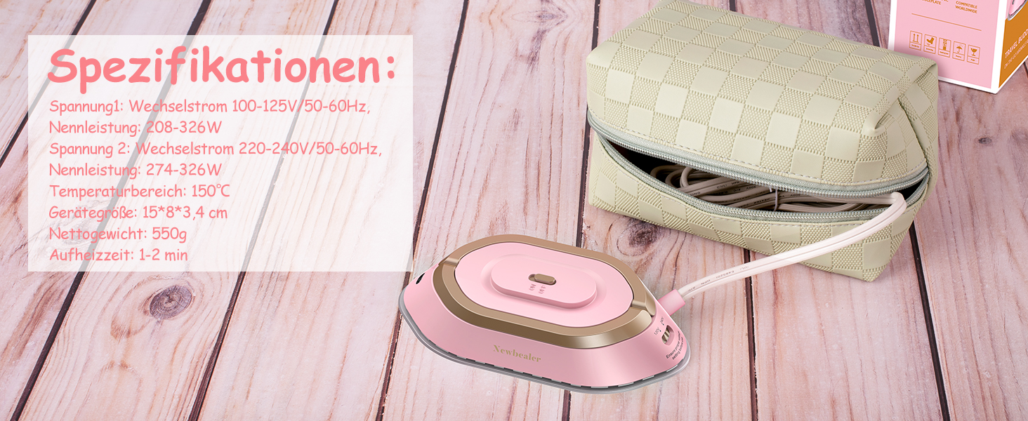 Міні-праска Newbealer для подорожей, 220V/120V, рожева, компактна, керамічна підошва, 150°C, з пульверизатором, сумкою та підставкою