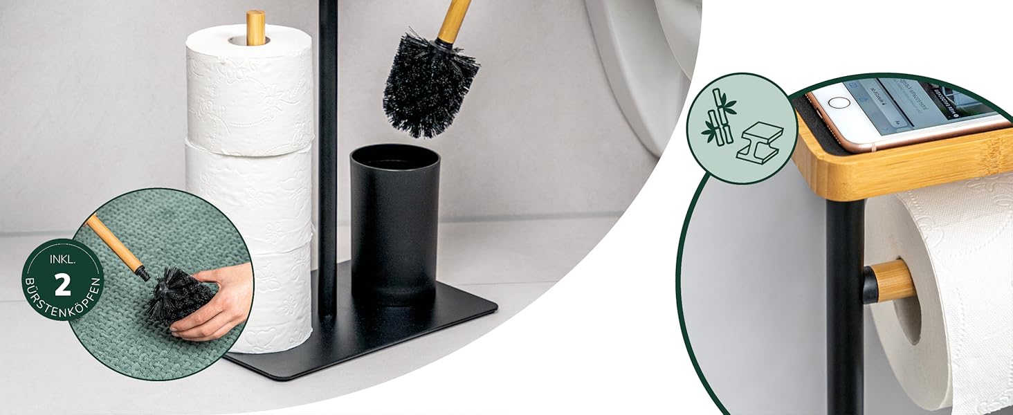 Набір для туалету Eluno 4в1: щітка для унітазу, тримач рулонів, полиця, бамбук/метал (білий)