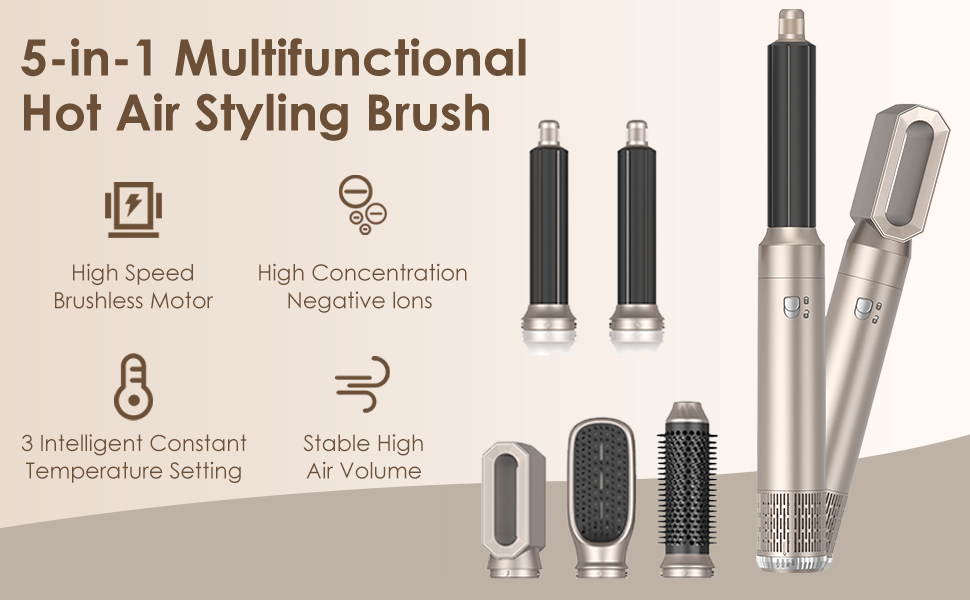 Набір для укладки волосся Airstyler Set: професійний фен-щітка 1000W, 5 насадок, автоматична завивка, випрямлення, об'єм, мультистайл, колір шампань