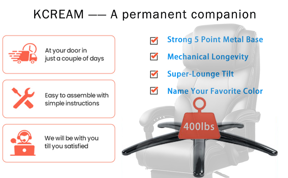 KCREAM Ergonomic Leather Office Chair with Footrest - High Back Executive Desk Chair, Adjustable Armrests, Swivel, Height Adjustable (Black)