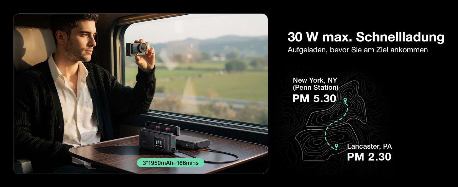 Зарядний пристрій LLANO AC3 30W з 3 акумуляторами 1950mAh для DJI Osmo Action 6/5 Pro/4/3 & Osmo 360, трьохпортовий, PD-зарядка, LED-дисплей, портативний кейс