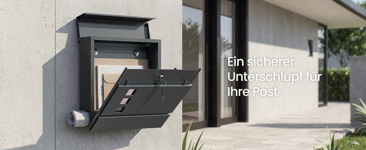 Поштовий ящик SONGMICS XXL з газетницею, антрацит, 37x37x10.5 см, з ключем, захист від реклами, сучасний, для дому та саду
