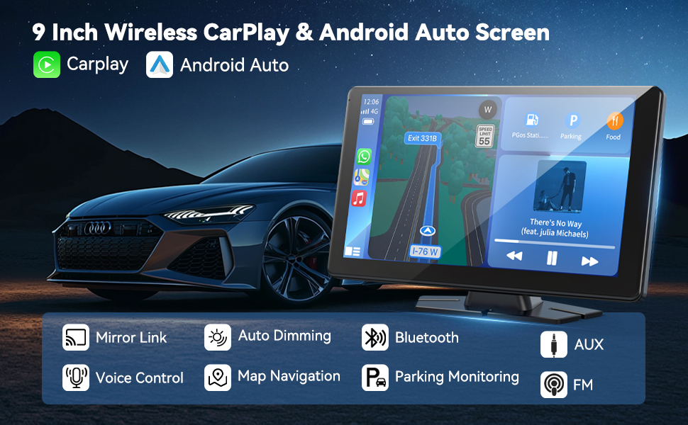 9-дюймовий CarPlay дисплей з сенсорним екраном, бездротовий Android Auto, GPS, Bluetooth, AUX/FM для авто