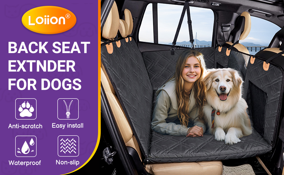Loiion Waterproof Dog Car Seat Cover with Hard Base - Prevents Sliding, Fits Most SUVs, Trucks, Cars - Gray (Black All-Inclusive)