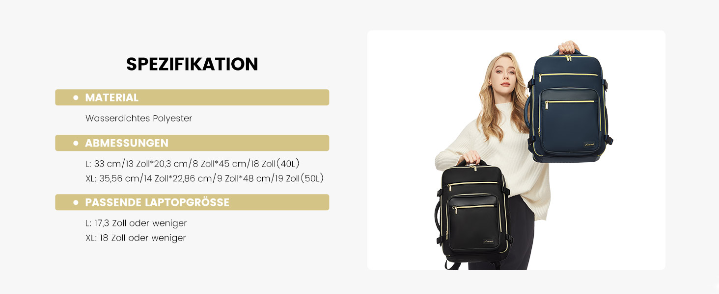 LOVEVOOK Рюкзак ручної поклажі, 40L, для ноутбука 17 дюймів, бежевий, для подорожей