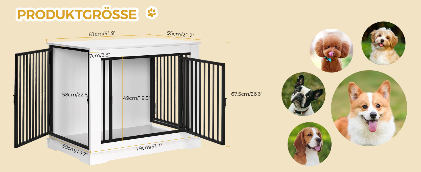 BEWISHOME Клітка для собак, 81 см, Біла, з 3 дверцятами, для дому, з функцією столику, для маленьких/середніх собак, EMGL03W