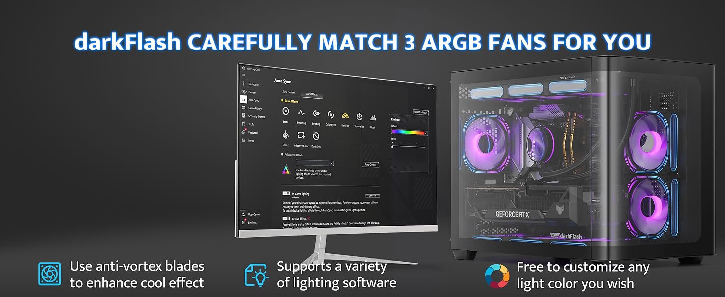 darkFlash ATX корпус для ігрового ПК з 4 ARGB вентиляторами, скло для повного огляду, 2 камери, Type-C, підтримка 2 AIO 360мм, чорний (DPW90)
