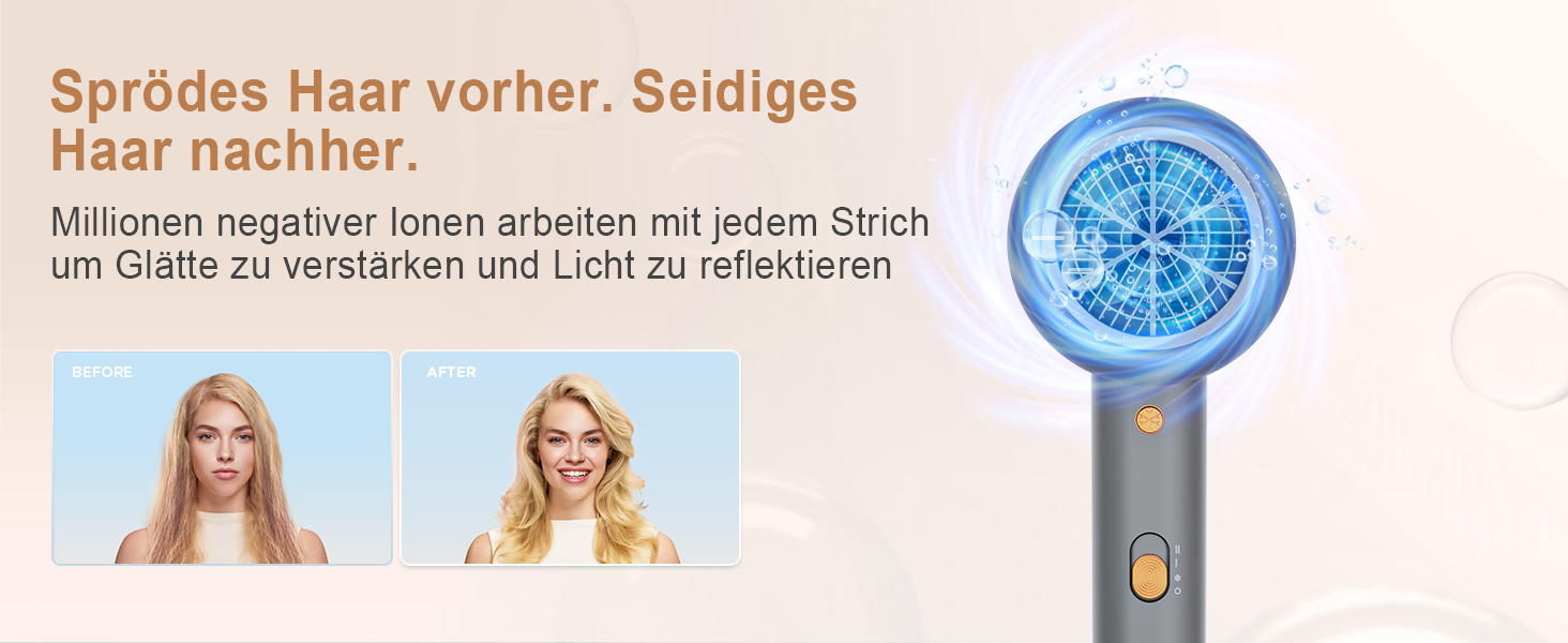 Іонний фен з насадкою-дифузором DEWILY 1800W, Швидке сушіння, Кнопка холодного/гарячого повітря, Термостат, 3 температури, 2 швидкості, Концентратор, Фен для локонів (Чорний+Золотий)