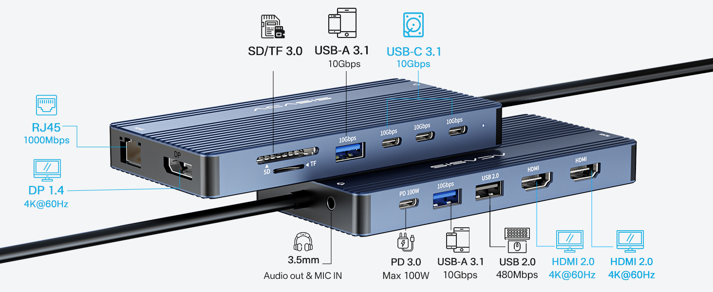 Хаб USB-C ACASIS DS0202 з двома виходами HDMI та DP (4K60Hz), Ethernet, 3 USB, 10Gbps, 100W PD, SD/TF, Audio, для MacBook/Dell/HP/Lenovo