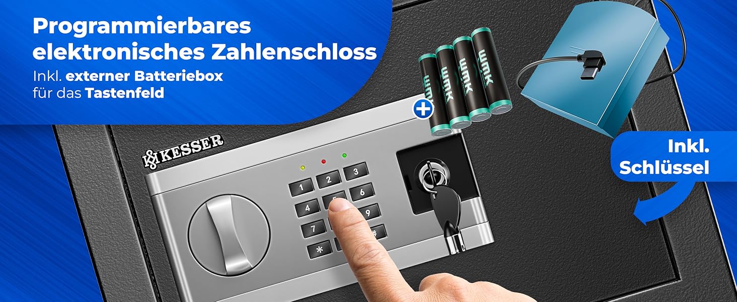 Електронний сейф KESSER® 35x25x25 см з батарейним відсіком, подвійним замком, світлодіодним освітленням, для дому та офісу, чорний