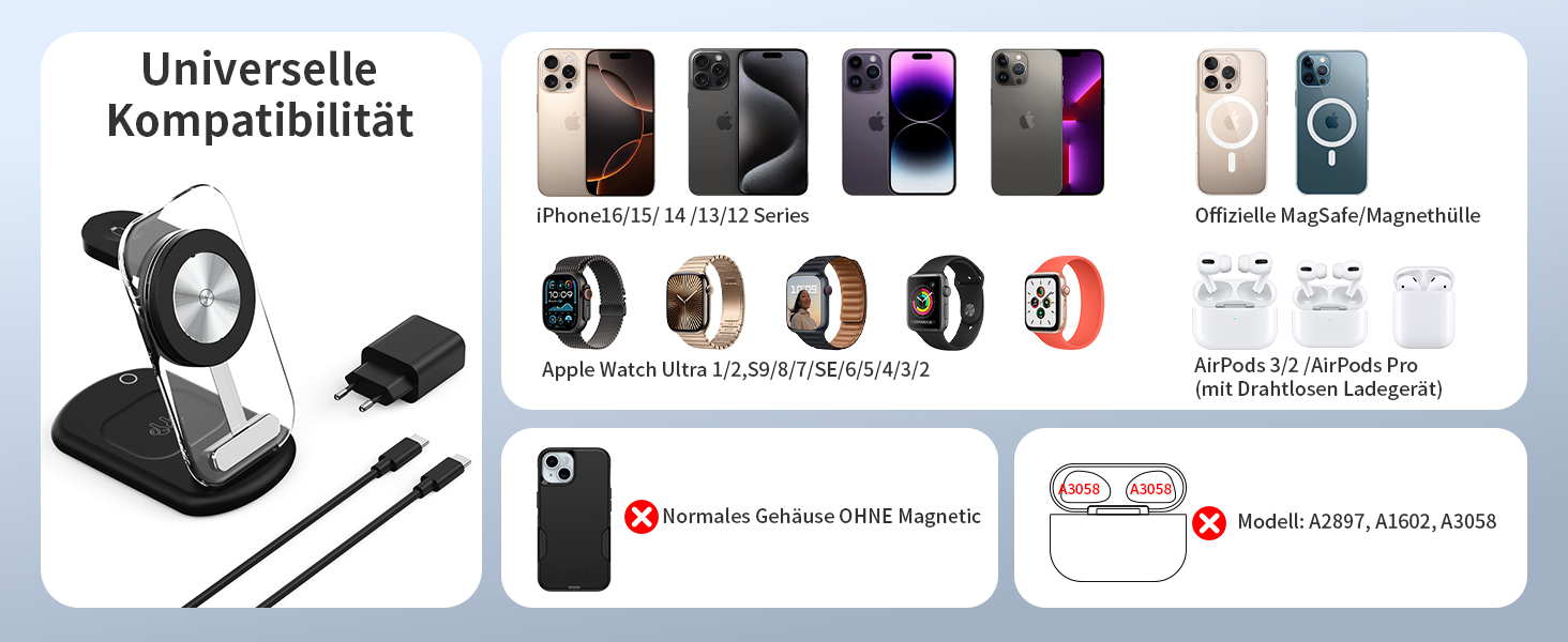 Бездротова зарядна станція 3 в 1 MagSafe для iPhone 16/15/14/13, Apple Watch та AirPods, складана з регулюванням кута та атмосферним підсвічуванням, чорна