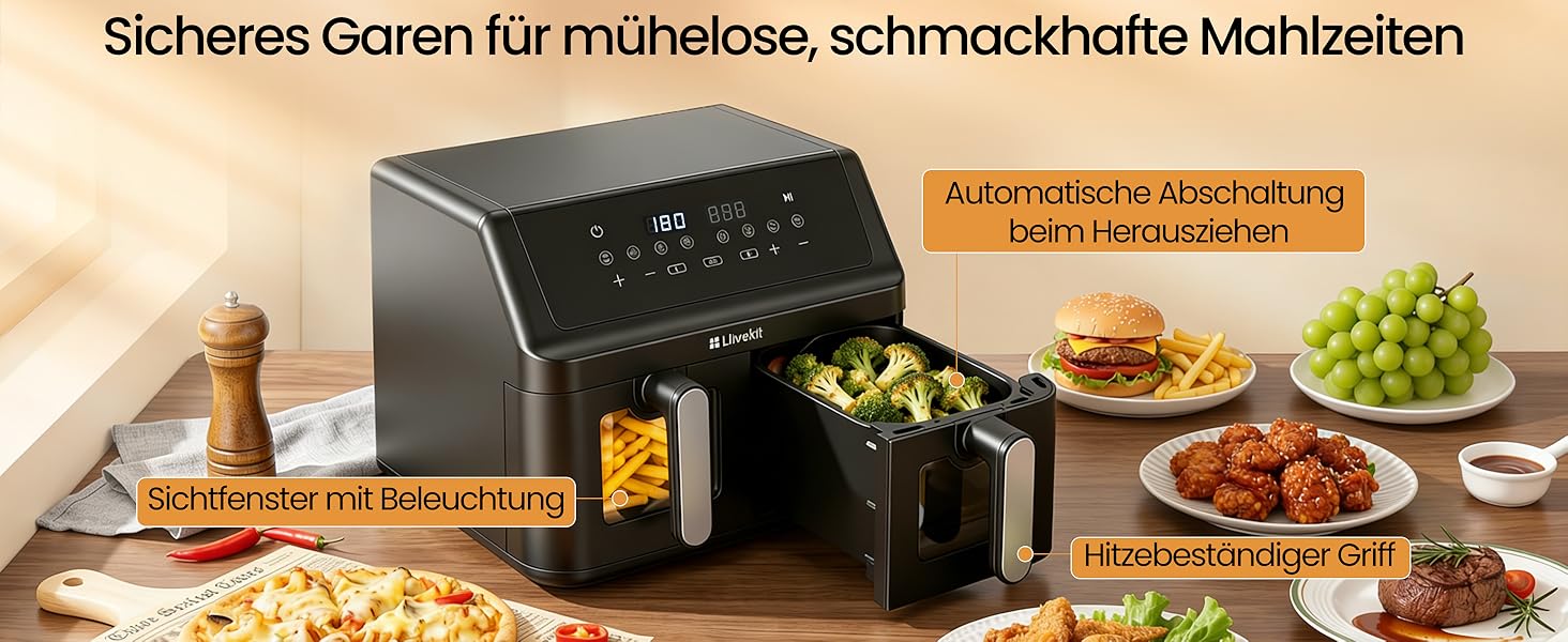 Аерофритюрниця LLIVEKIT 9L з двома камерами (2x4.5L), 8 програм, 4D конвекція, функція Sync-Finish, енергоощадна, чорна