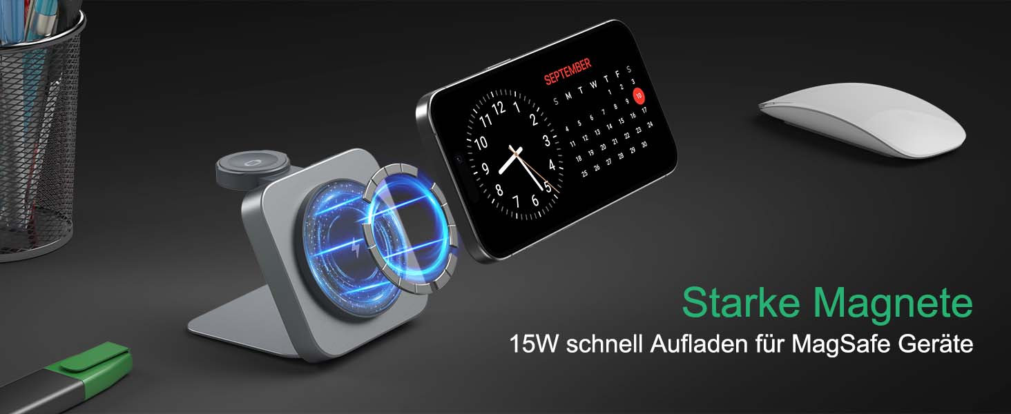 Бездротова зарядка MagSafe для Apple Watch та iPhone (сірий колір), сумісна з iPhone 16 15 14 13 12, iWatch Series, AirPods Pro 3 2