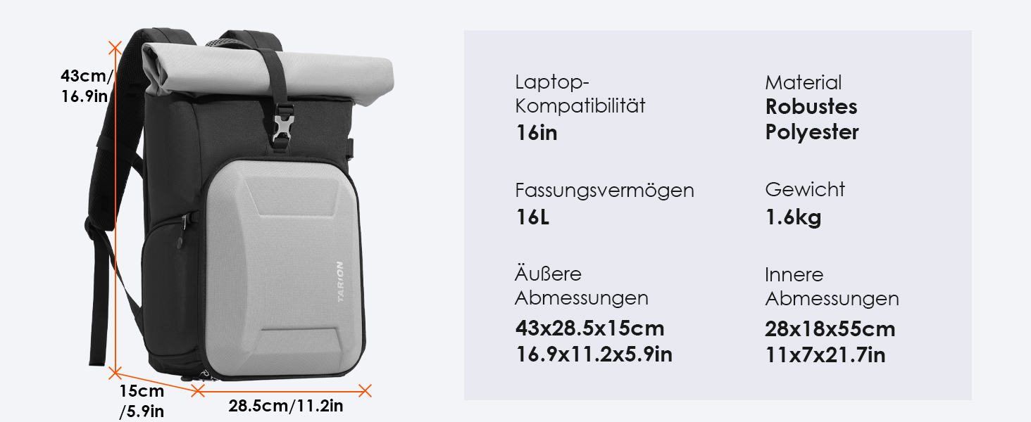 Рюкзак для камери Tarion Rolltop: професійний фоторюкзак з жорсткою оболонкою, відділенням для 16-дюймового ноутбука, сумісний з DSLR/SLR камерами, об'єктивами та штативом (сірий)