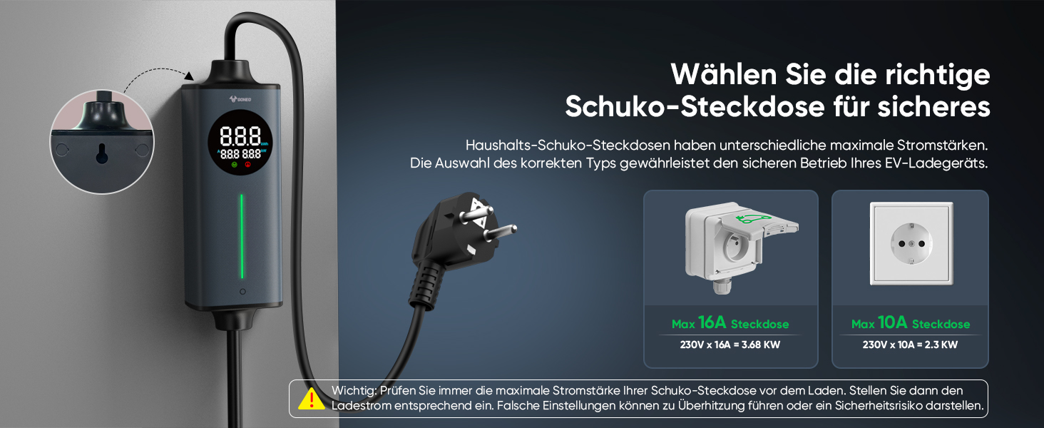 Кабель для електромобіля GONEO Typ 2 Schuko, 10м, 16A, 3.68 кВт - Портативна зарядка з захистом FI, автоматичним заземленням та контролем температури, таймер для електромобіля, сертифікат TÜV