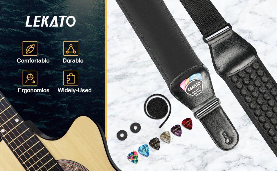 Гітарний ремінь LEKATO з 3D неопреновим наповнювачем, ширина 3 дюйми, довжина 114–139 см, регульований ремінь для бас-гітари та електрогітари з шкіряними кінцями