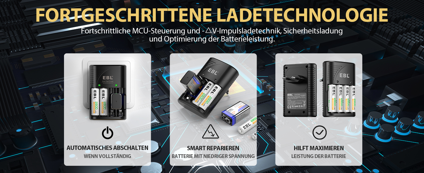 Зарядний пристрій для акумуляторів EBL AA AAA 9V NIMH з 4 відсіками, Smart Plug, LED-дисплей, швидка зарядка