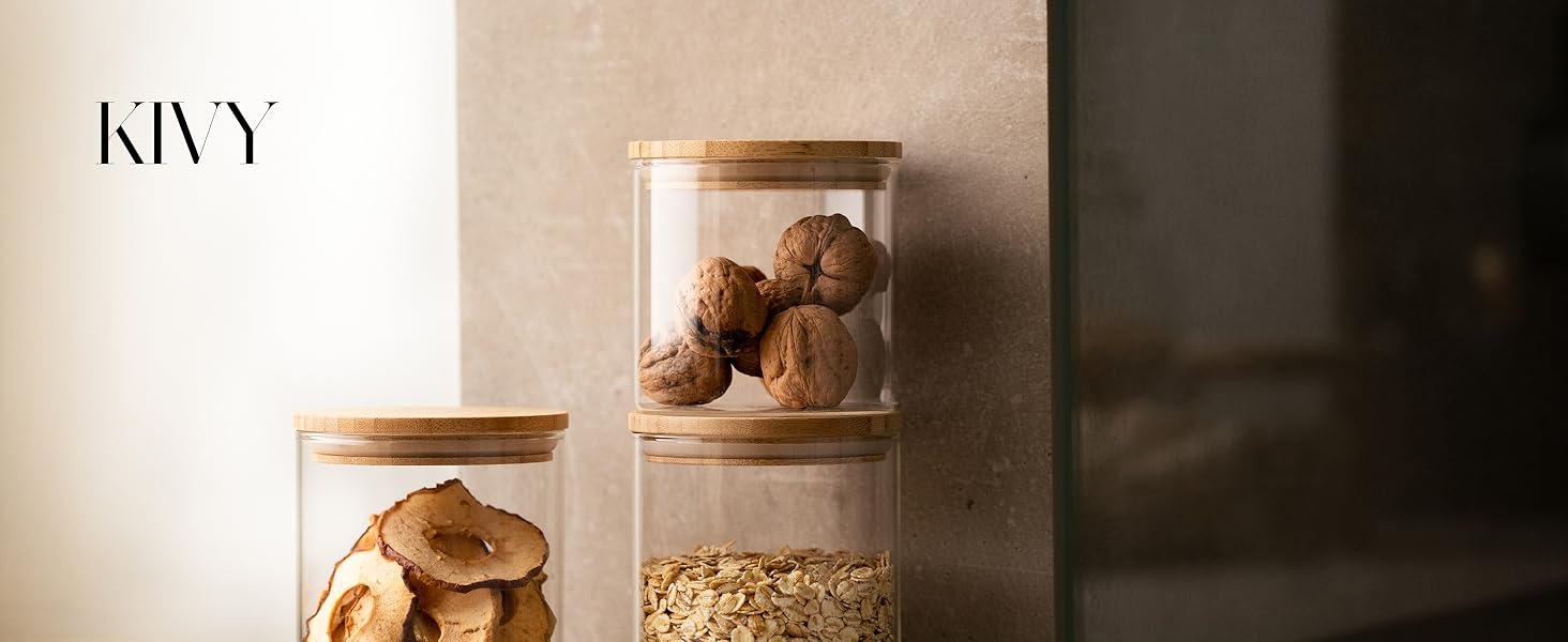 Скляні контейнери для зберігання KIVY з кришкою, 4 шт по 1200 мл - герметичні банки для продуктів, контейнери для кухні з бамбуковою кришкою