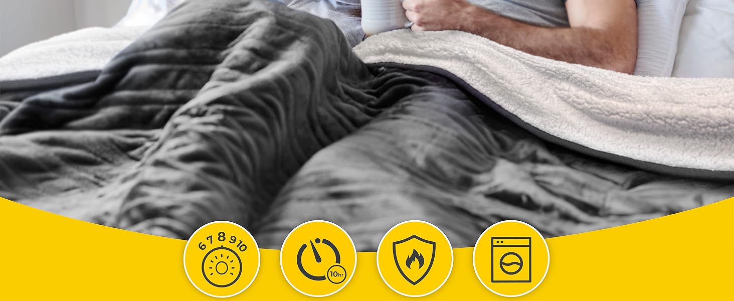 Електрична ковдра Cosi Home 180x130 см з підігрівом, автоматичним вимкненням, захистом від перегріву, з матеріалу Sherpa та Fleece, 10 температурних режимів, пульт керування, сірий колір