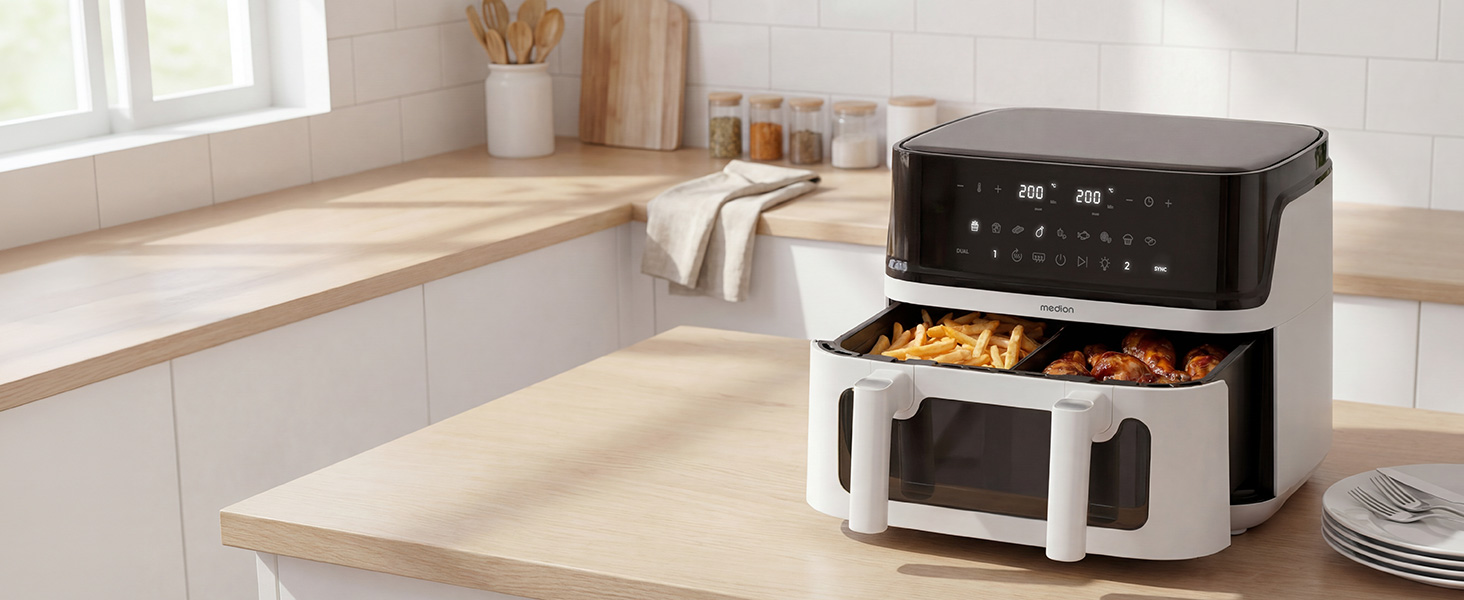 Аерофритюрниця з двома камерами MEDION P25 XXL Flex M, 10.8 л, без PFAS, біла