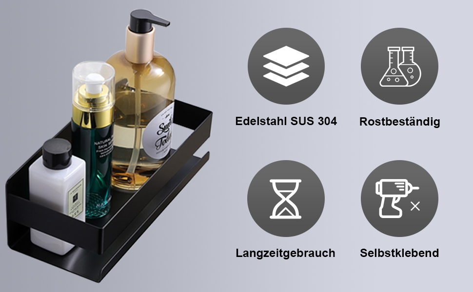 Регульована поличка для душу YIGII з нержавіючої сталі, чорна, 4 яруси, без свердління, з тримачем для зубних щіток, 63.5–290 см