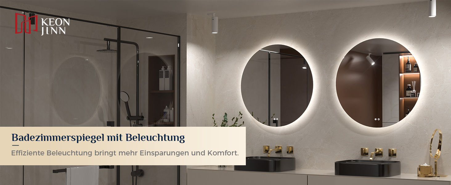 Дзеркало для ванної кімнати Keonjinn кругле, 60см з підсвічуванням, антизапар, сенсорне управління, пам'ять, 3 кольори світла, регулювання яскравості, LED, без рамки