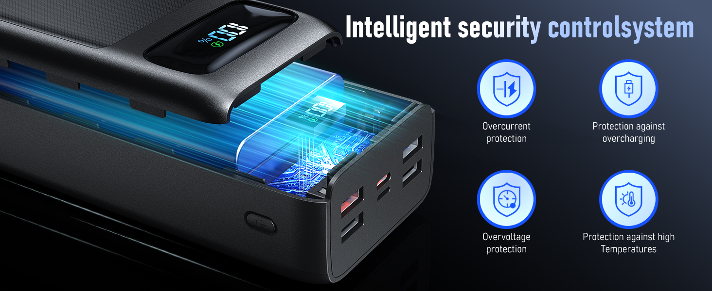 Портативний зарядний пристрій Power Bank 50000mAh з PD 30W, LED-дисплеєм, 7 виходами, ліхтариком та USB-C кабелем. Чорний.