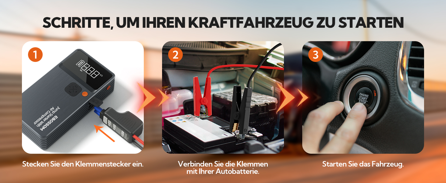 Powerbank Starthilfe JC8-12000mAh: Powerbank для авто з компресором, 12000mAh, LED-лампа, USB-C, ресeт-комплект