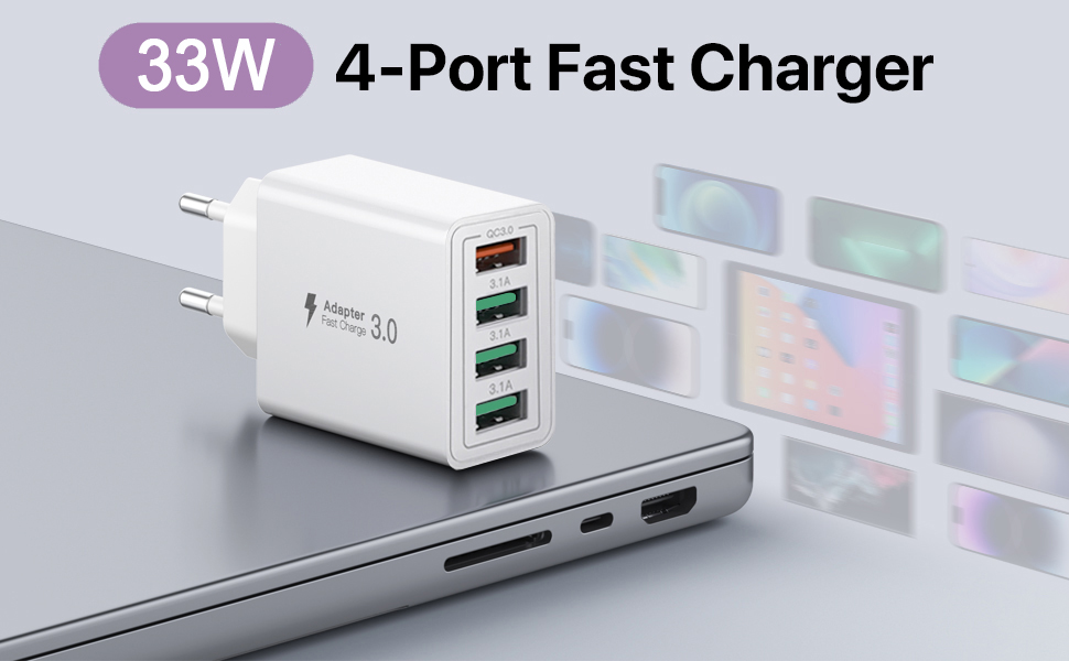 Зарядний пристрій USB-C 65W з кабелем, GaN 4-портовий швидкий заряд для MacBook, iPad, iPhone 15/16 Pro Max, Galaxy S23/S24 (2м USB-C - USB-C, білий)