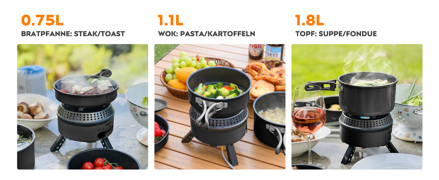 Набір кухонного посуду для кемпінгу на 2-4 особи: електричний та газовий котел 700W/2200W, посуд для кемпінгу, трекінгу, дому та вулиці (1 каструля + 2 сковорідки)